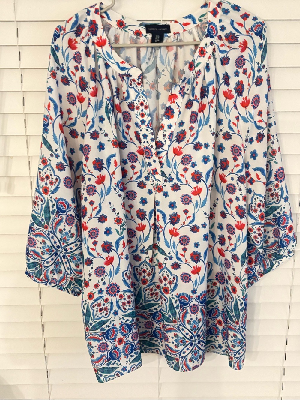 Mediterranean Floral Peasant Blouse - White with Blue & Red